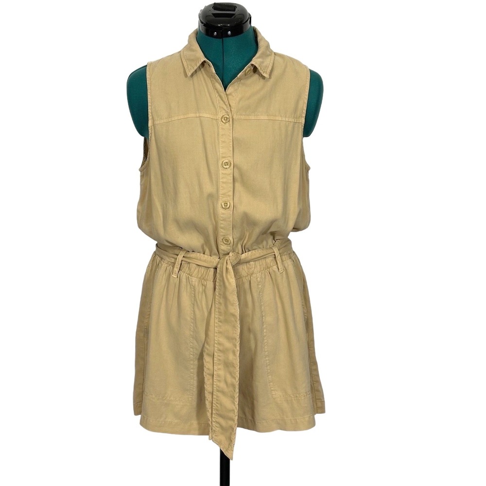 Cloth & Stone Romper Button Front Tie Waist Size M Tan Utility Safari Sleeveless